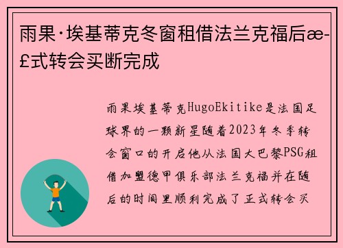 雨果·埃基蒂克冬窗租借法兰克福后正式转会买断完成